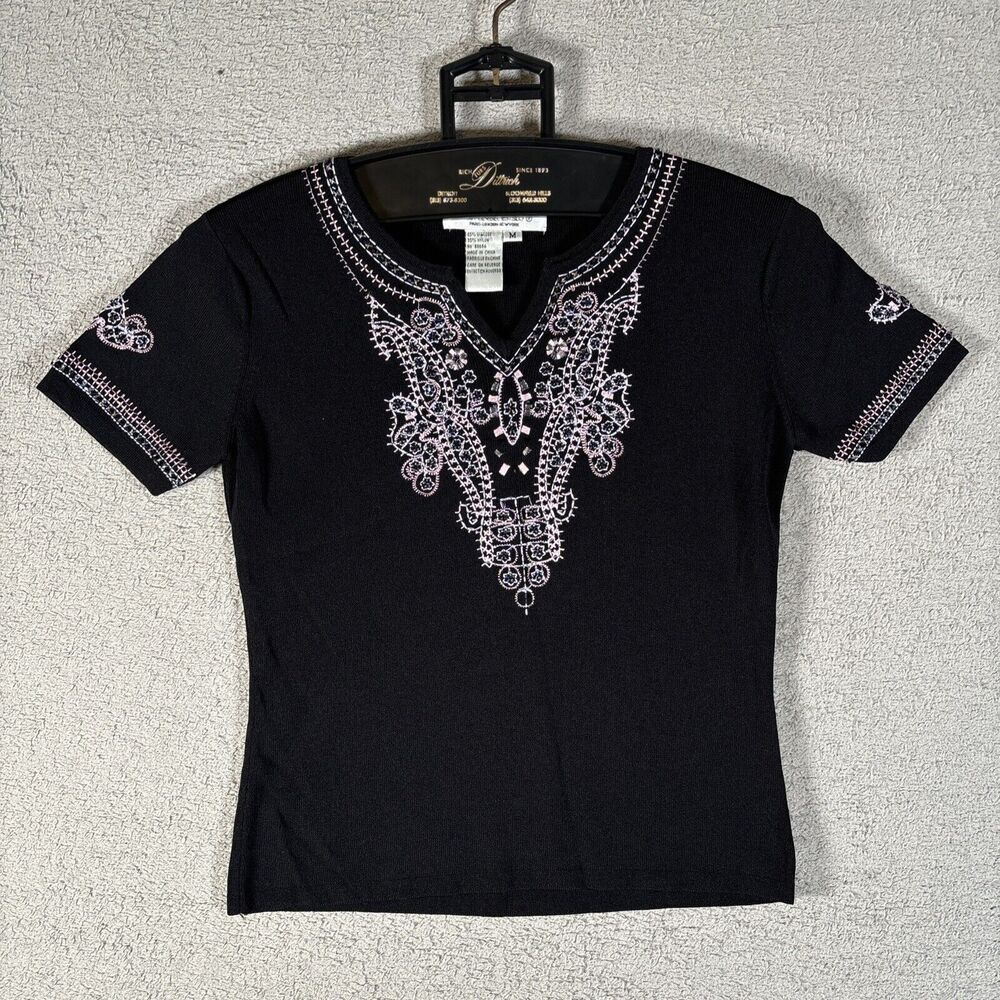 Joseph A. Qu'est-Ce Que C'est Silk Ribbed Knit Top Size M Embroidered Crop Y2K